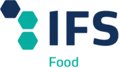 Logotipo IFS Food con hexágonos azules y turquesas