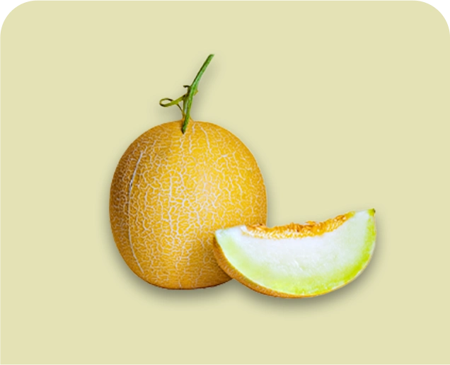 Melón entero con una rodaja sobre fondo beige