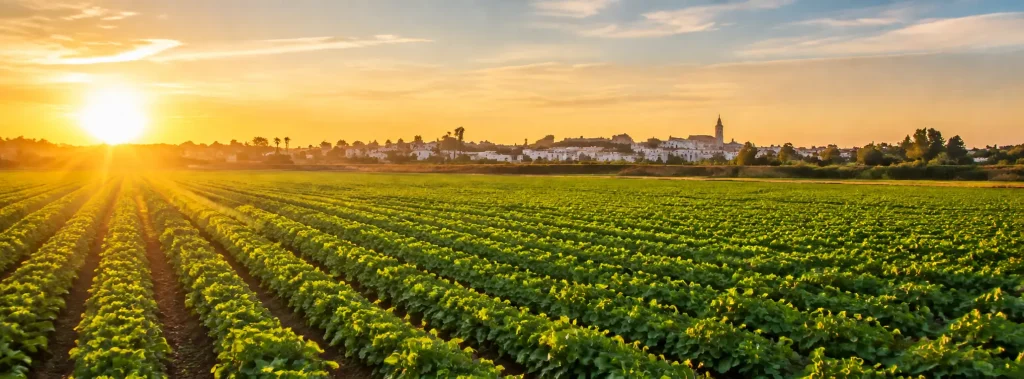 Cultivo verde al amanecer junto a un pueblo blanco