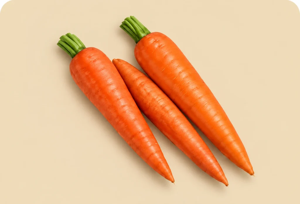 Tres zanahorias frescas sobre fondo beige